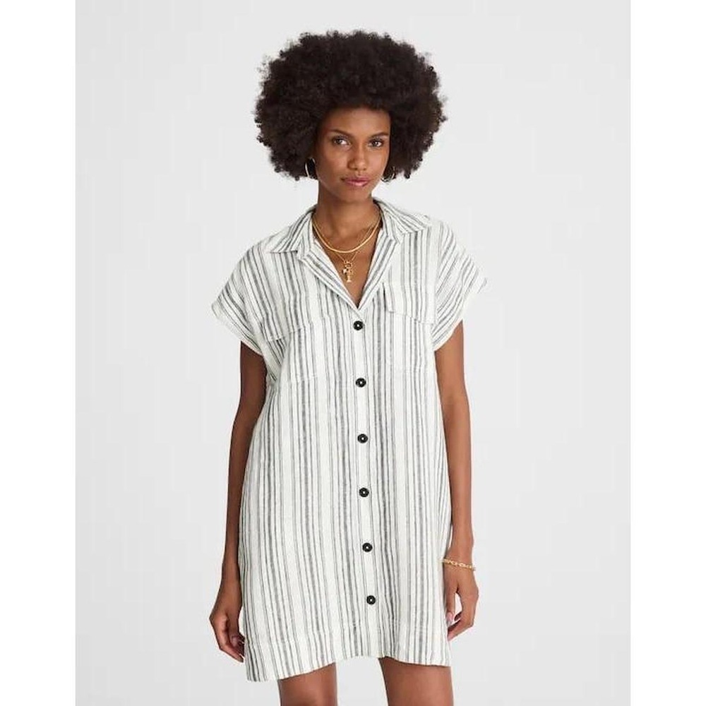 Madewell Utility Mini Shirtdress striped linen fabric and a button-front Large